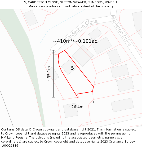 5, CARDESTON CLOSE, SUTTON WEAVER, RUNCORN, WA7 3LH: Plot and title map