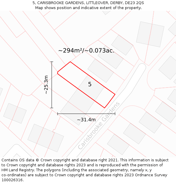5, CARISBROOKE GARDENS, LITTLEOVER, DERBY, DE23 2QS: Plot and title map