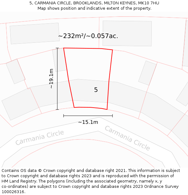 5, CARMANIA CIRCLE, BROOKLANDS, MILTON KEYNES, MK10 7HU: Plot and title map