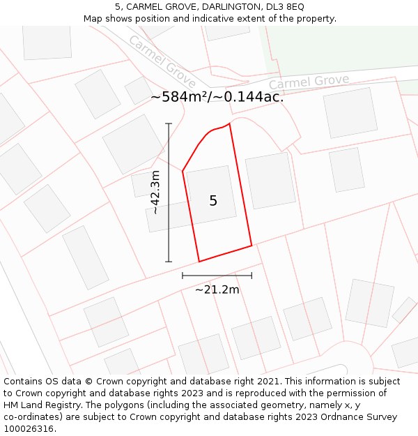 5, CARMEL GROVE, DARLINGTON, DL3 8EQ: Plot and title map