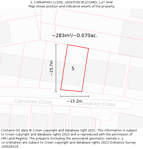 5, CARNATION CLOSE, LEIGHTON BUZZARD, LU7 3HW: Plot and title map