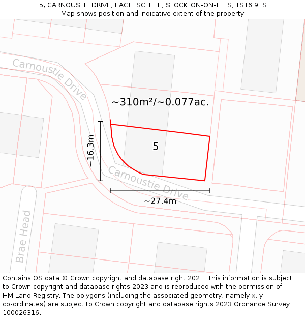 5, CARNOUSTIE DRIVE, EAGLESCLIFFE, STOCKTON-ON-TEES, TS16 9ES: Plot and title map