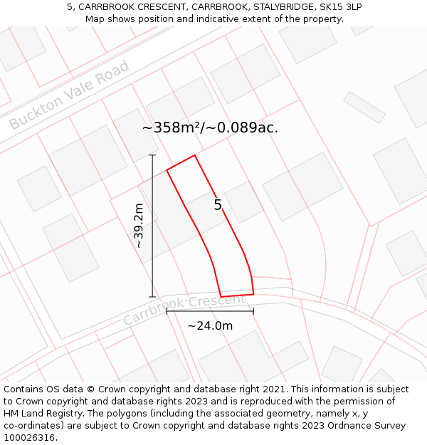 5, CARRBROOK CRESCENT, CARRBROOK, STALYBRIDGE, SK15 3LP: Plot and title map