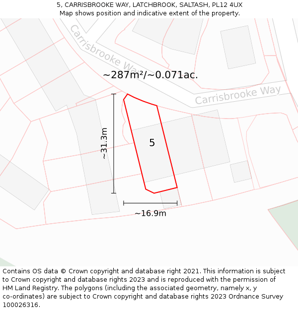 5, CARRISBROOKE WAY, LATCHBROOK, SALTASH, PL12 4UX: Plot and title map