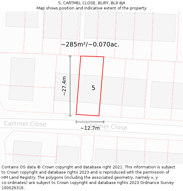 5, CARTMEL CLOSE, BURY, BL9 8JA: Plot and title map