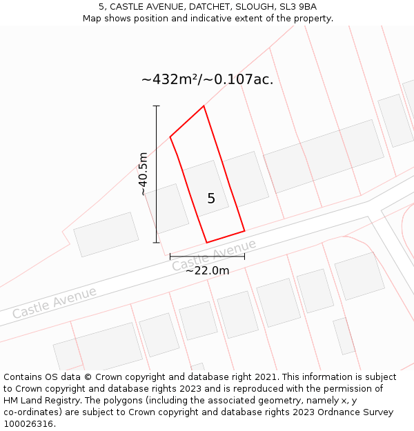 5, CASTLE AVENUE, DATCHET, SLOUGH, SL3 9BA: Plot and title map