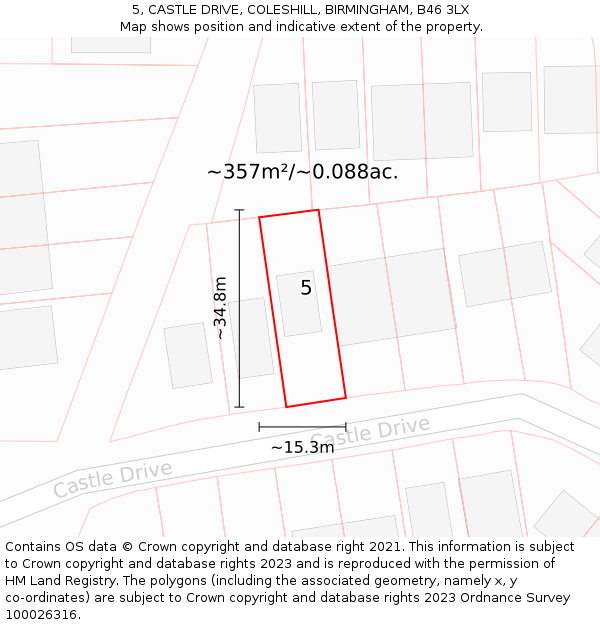 5, CASTLE DRIVE, COLESHILL, BIRMINGHAM, B46 3LX: Plot and title map