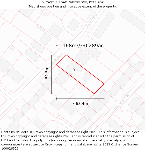 5, CASTLE ROAD, WEYBRIDGE, KT13 9QP: Plot and title map