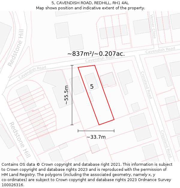 5, CAVENDISH ROAD, REDHILL, RH1 4AL: Plot and title map