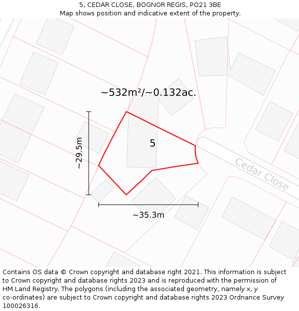 5, CEDAR CLOSE, BOGNOR REGIS, PO21 3BE: Plot and title map