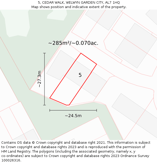 5, CEDAR WALK, WELWYN GARDEN CITY, AL7 1HQ: Plot and title map