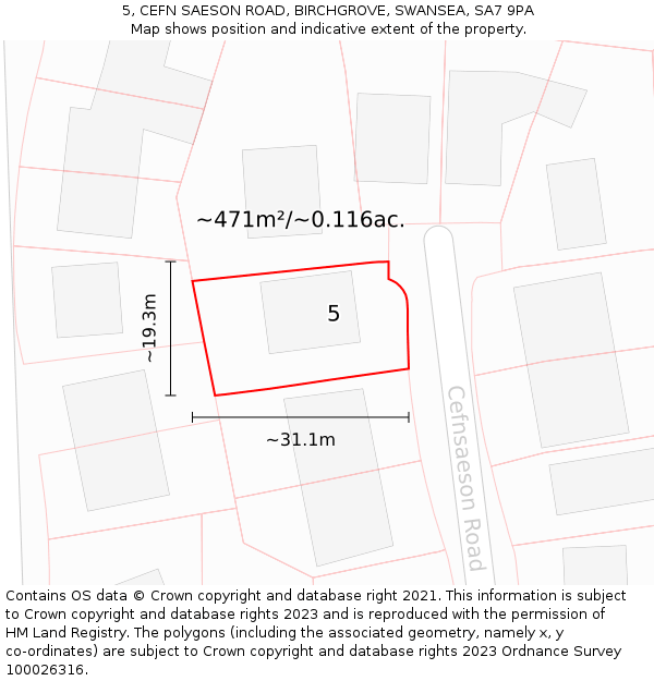 5, CEFN SAESON ROAD, BIRCHGROVE, SWANSEA, SA7 9PA: Plot and title map