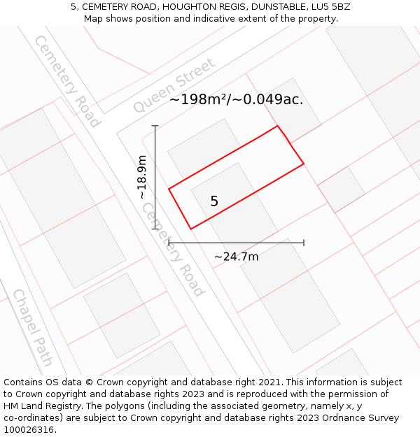 5, CEMETERY ROAD, HOUGHTON REGIS, DUNSTABLE, LU5 5BZ: Plot and title map