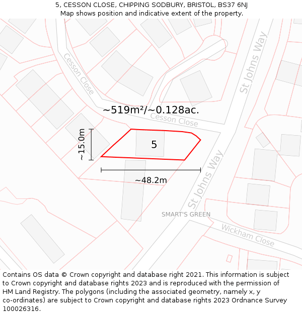 5, CESSON CLOSE, CHIPPING SODBURY, BRISTOL, BS37 6NJ: Plot and title map