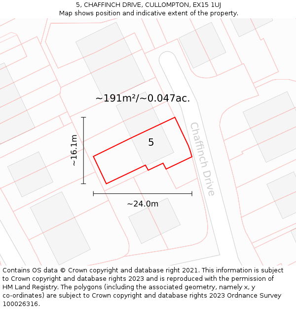 5, CHAFFINCH DRIVE, CULLOMPTON, EX15 1UJ: Plot and title map