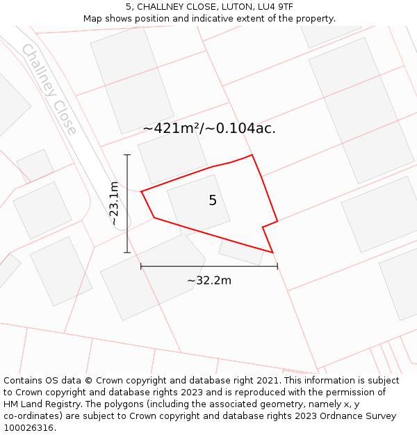 5, CHALLNEY CLOSE, LUTON, LU4 9TF: Plot and title map