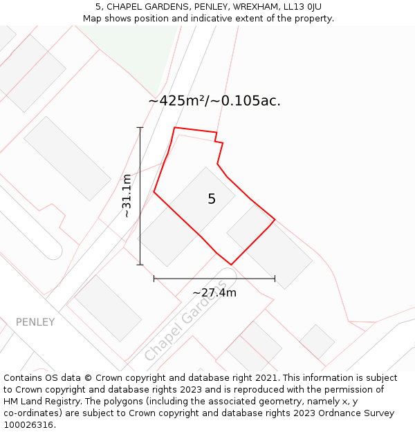 5, CHAPEL GARDENS, PENLEY, WREXHAM, LL13 0JU: Plot and title map