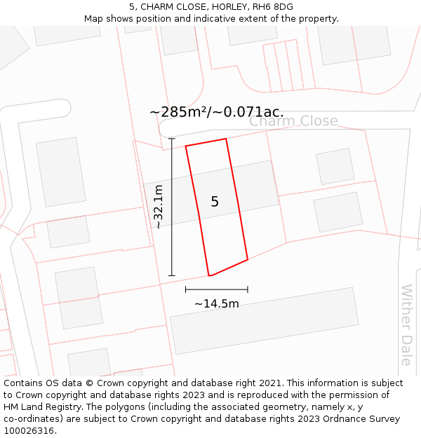 5, CHARM CLOSE, HORLEY, RH6 8DG: Plot and title map