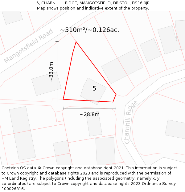 5, CHARNHILL RIDGE, MANGOTSFIELD, BRISTOL, BS16 9JP: Plot and title map