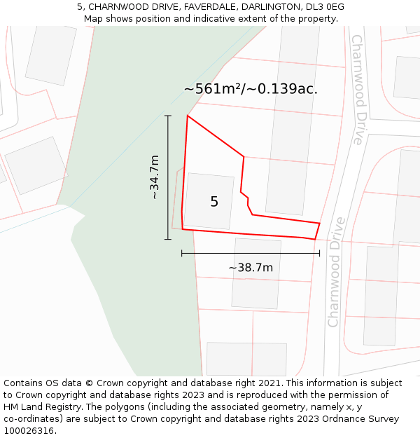 5, CHARNWOOD DRIVE, FAVERDALE, DARLINGTON, DL3 0EG: Plot and title map