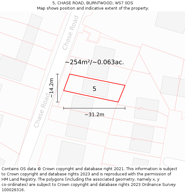 5, CHASE ROAD, BURNTWOOD, WS7 0DS: Plot and title map
