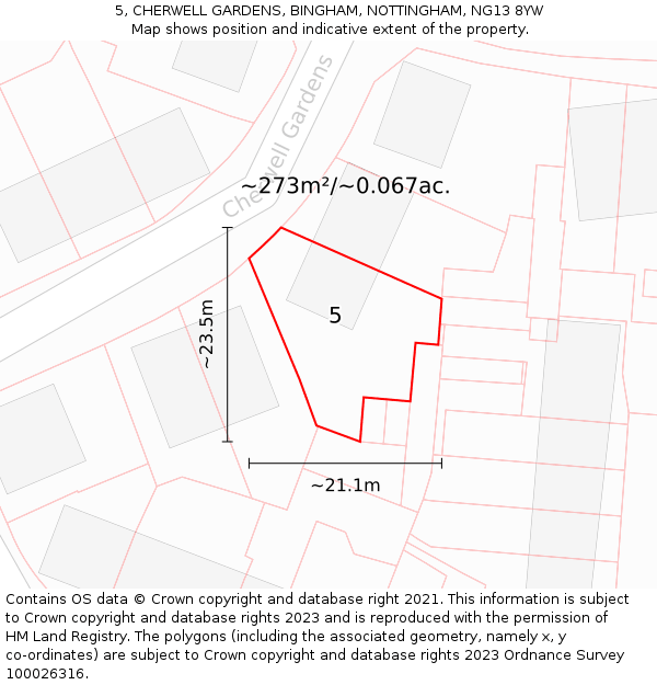 5, CHERWELL GARDENS, BINGHAM, NOTTINGHAM, NG13 8YW: Plot and title map