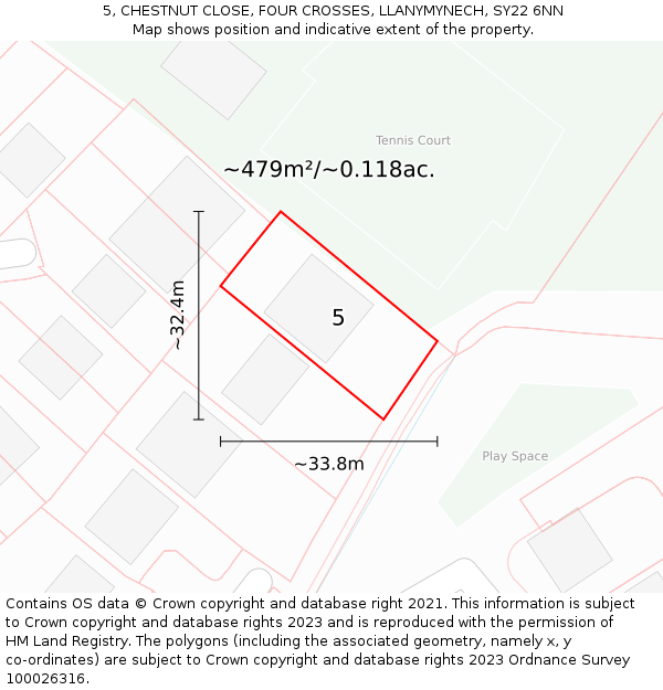 5, CHESTNUT CLOSE, FOUR CROSSES, LLANYMYNECH, SY22 6NN: Plot and title map