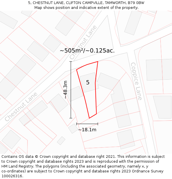 5, CHESTNUT LANE, CLIFTON CAMPVILLE, TAMWORTH, B79 0BW: Plot and title map