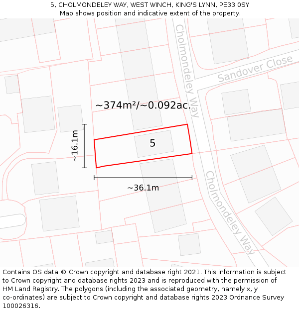 5, CHOLMONDELEY WAY, WEST WINCH, KING'S LYNN, PE33 0SY: Plot and title map