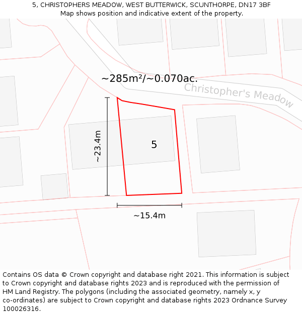 5, CHRISTOPHERS MEADOW, WEST BUTTERWICK, SCUNTHORPE, DN17 3BF: Plot and title map