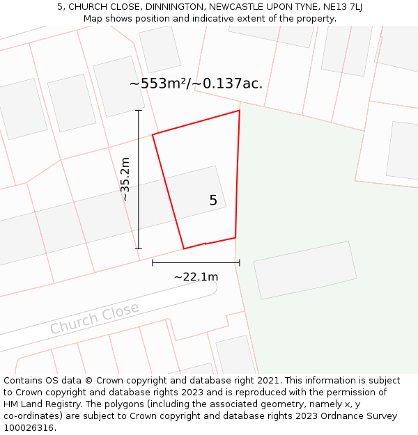 5, CHURCH CLOSE, DINNINGTON, NEWCASTLE UPON TYNE, NE13 7LJ: Plot and title map