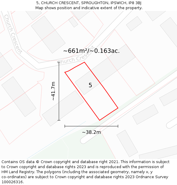 5, CHURCH CRESCENT, SPROUGHTON, IPSWICH, IP8 3BJ: Plot and title map