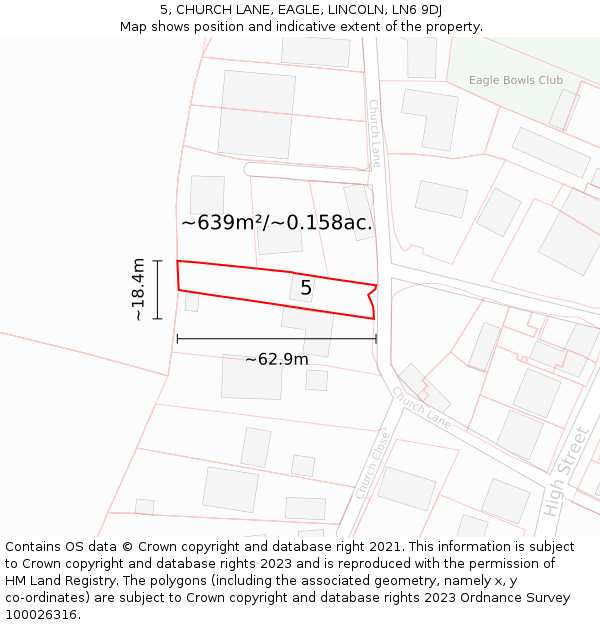 5, CHURCH LANE, EAGLE, LINCOLN, LN6 9DJ: Plot and title map