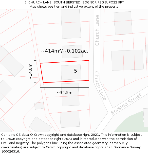 5, CHURCH LANE, SOUTH BERSTED, BOGNOR REGIS, PO22 9PT: Plot and title map