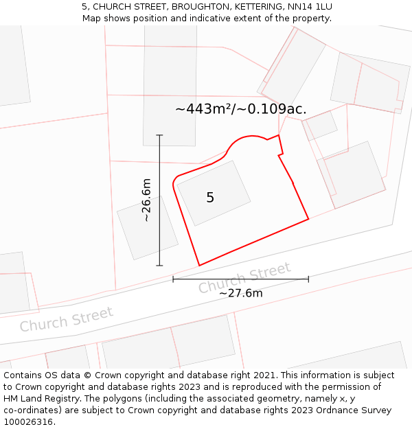 5, CHURCH STREET, BROUGHTON, KETTERING, NN14 1LU: Plot and title map