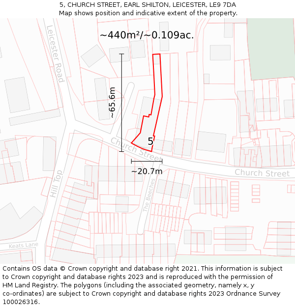 5, CHURCH STREET, EARL SHILTON, LEICESTER, LE9 7DA: Plot and title map