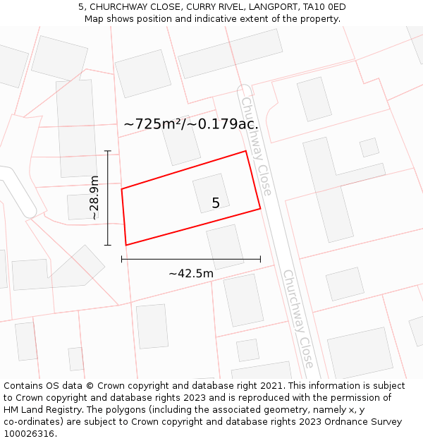 5, CHURCHWAY CLOSE, CURRY RIVEL, LANGPORT, TA10 0ED: Plot and title map