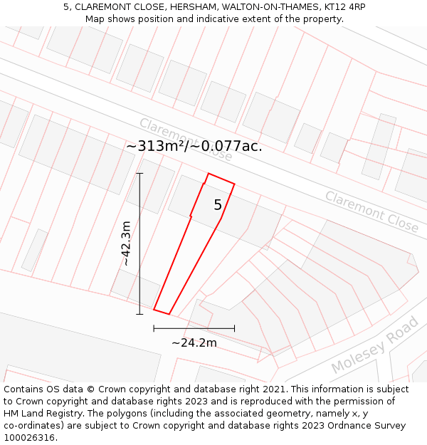 5, CLAREMONT CLOSE, HERSHAM, WALTON-ON-THAMES, KT12 4RP: Plot and title map