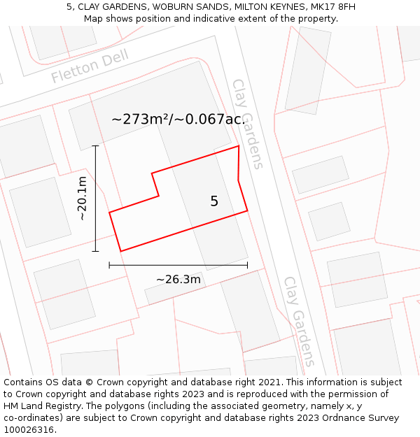 5, CLAY GARDENS, WOBURN SANDS, MILTON KEYNES, MK17 8FH: Plot and title map