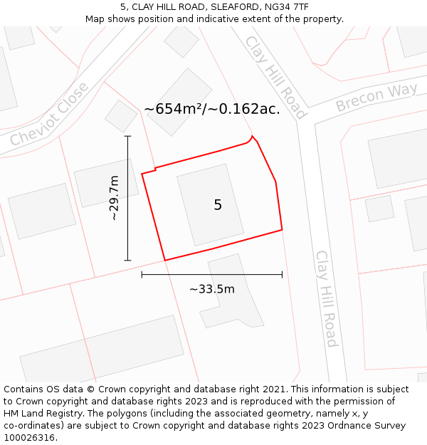 5, CLAY HILL ROAD, SLEAFORD, NG34 7TF: Plot and title map