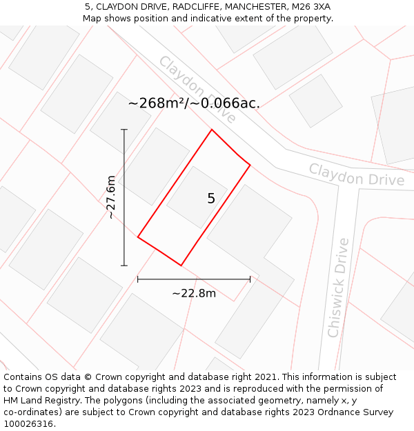 5, CLAYDON DRIVE, RADCLIFFE, MANCHESTER, M26 3XA: Plot and title map