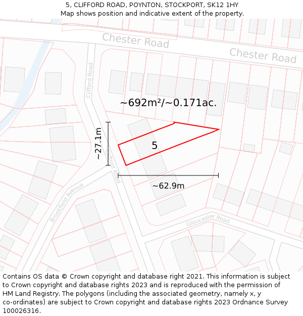 5, CLIFFORD ROAD, POYNTON, STOCKPORT, SK12 1HY: Plot and title map