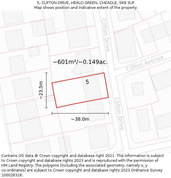 5, CLIFTON DRIVE, HEALD GREEN, CHEADLE, SK8 3UF: Plot and title map