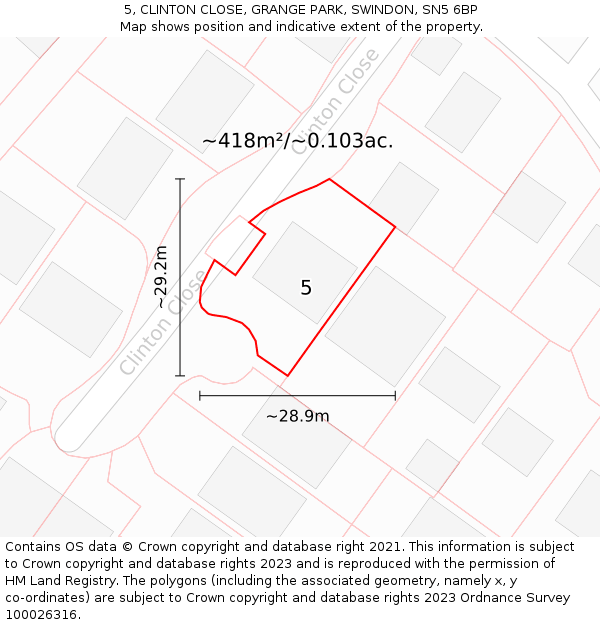 5, CLINTON CLOSE, GRANGE PARK, SWINDON, SN5 6BP: Plot and title map