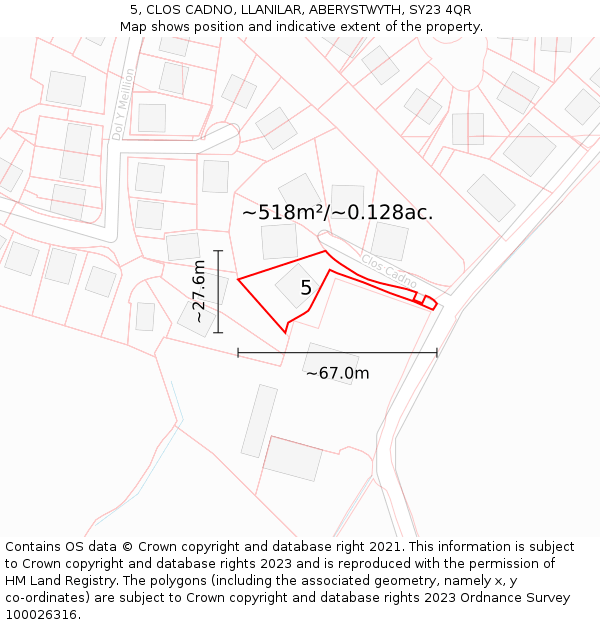 5, CLOS CADNO, LLANILAR, ABERYSTWYTH, SY23 4QR: Plot and title map