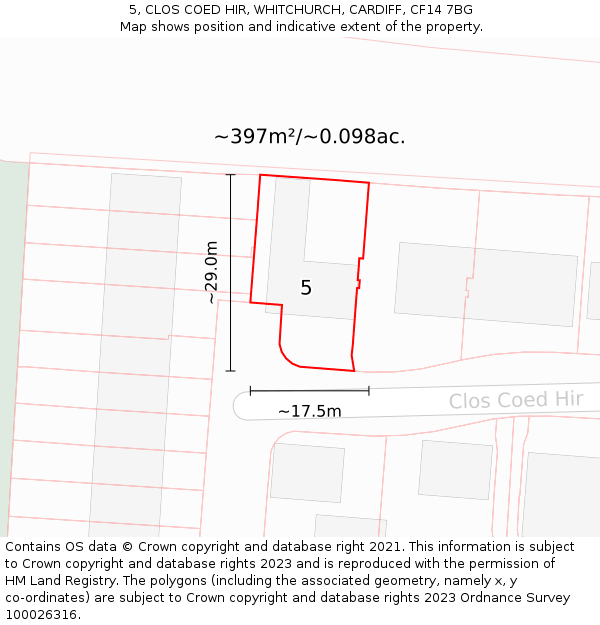 5, CLOS COED HIR, WHITCHURCH, CARDIFF, CF14 7BG: Plot and title map