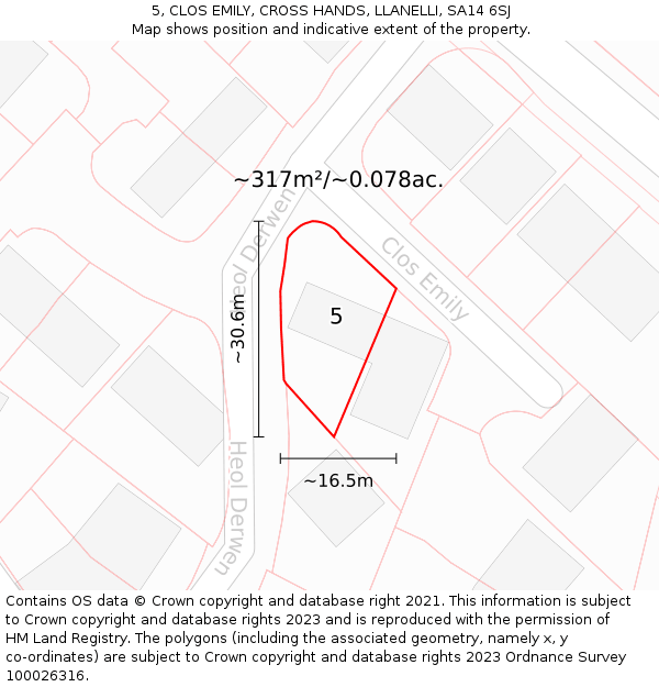 5, CLOS EMILY, CROSS HANDS, LLANELLI, SA14 6SJ: Plot and title map