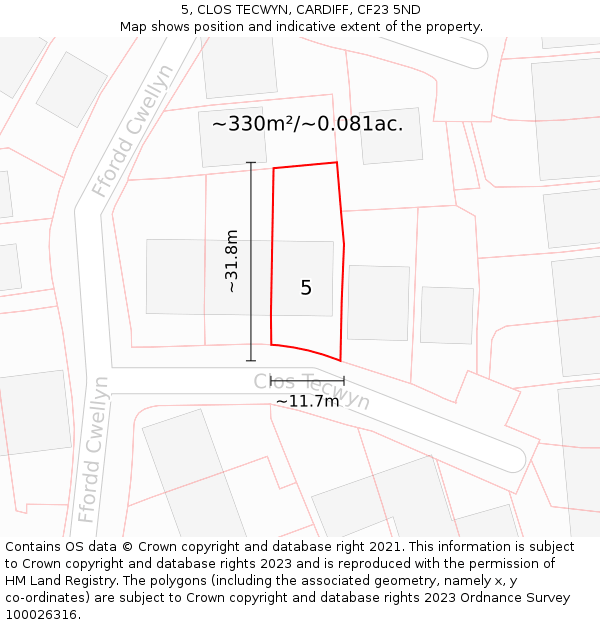 5, CLOS TECWYN, CARDIFF, CF23 5ND: Plot and title map