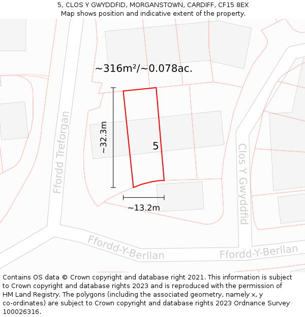 5, CLOS Y GWYDDFID, MORGANSTOWN, CARDIFF, CF15 8EX: Plot and title map