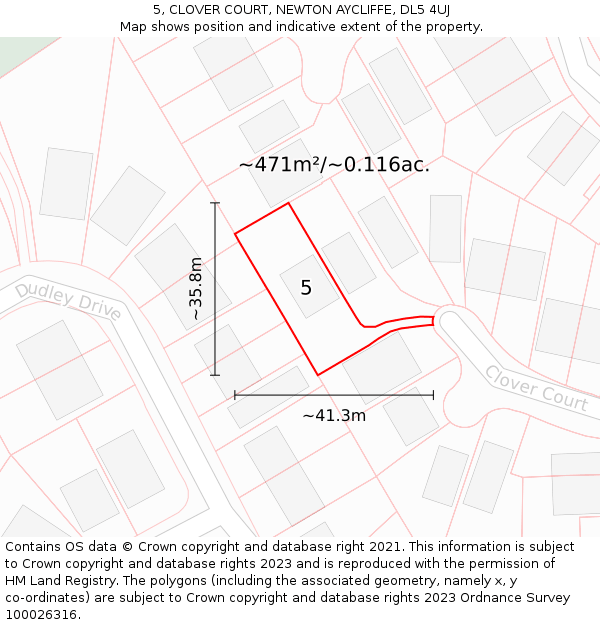 5, CLOVER COURT, NEWTON AYCLIFFE, DL5 4UJ: Plot and title map